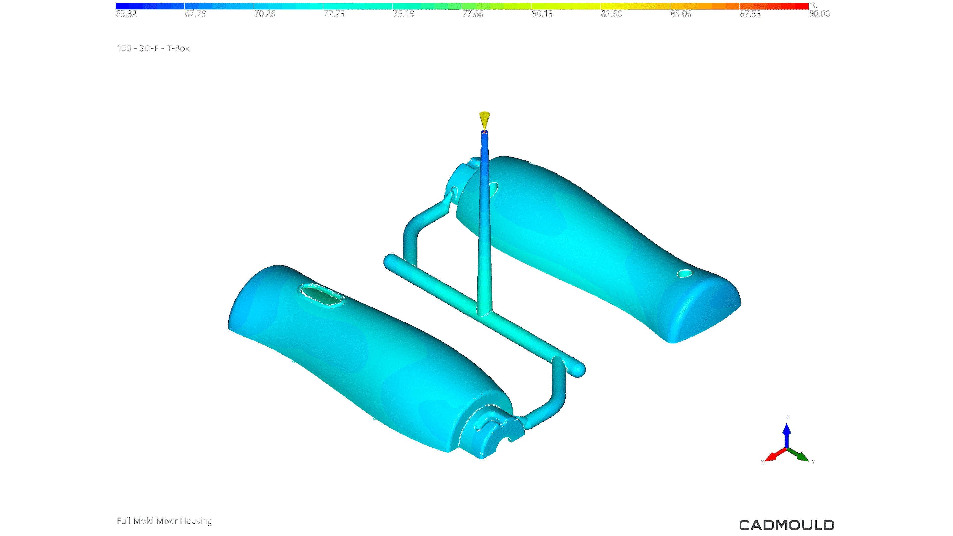 Colour-coded animation in Cadmould Thermal Mould Basic showing the time-dependent evolution of temperature for a simplified representation of a mixer housing mould.