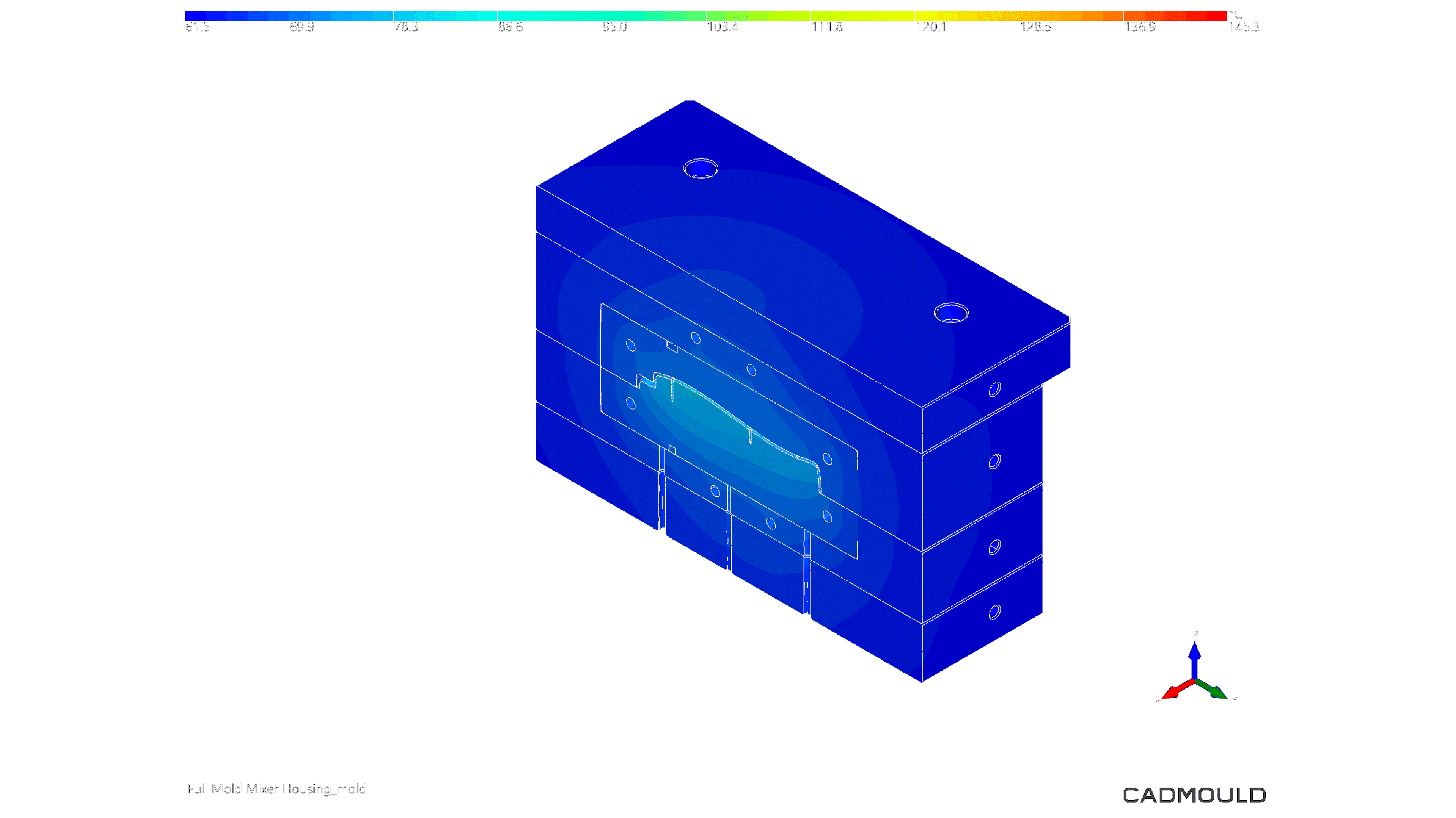 A snapshot from an animation in Cadmould Thermal Mould Advanced showing simulated temperature distribution over time in a sectional view of a mixer housing mould.
