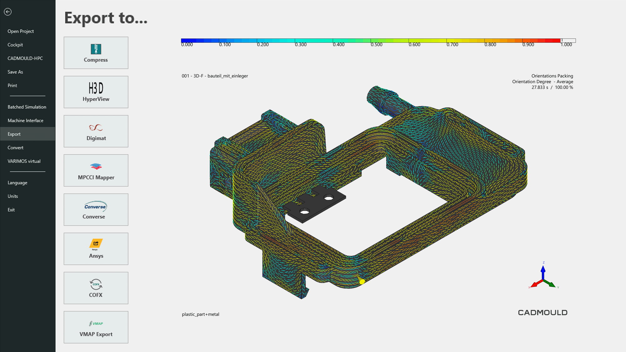 A screenshot from Cadmould Fibre Export showing the list of structural solvers and mapping tools to which data can be exported.