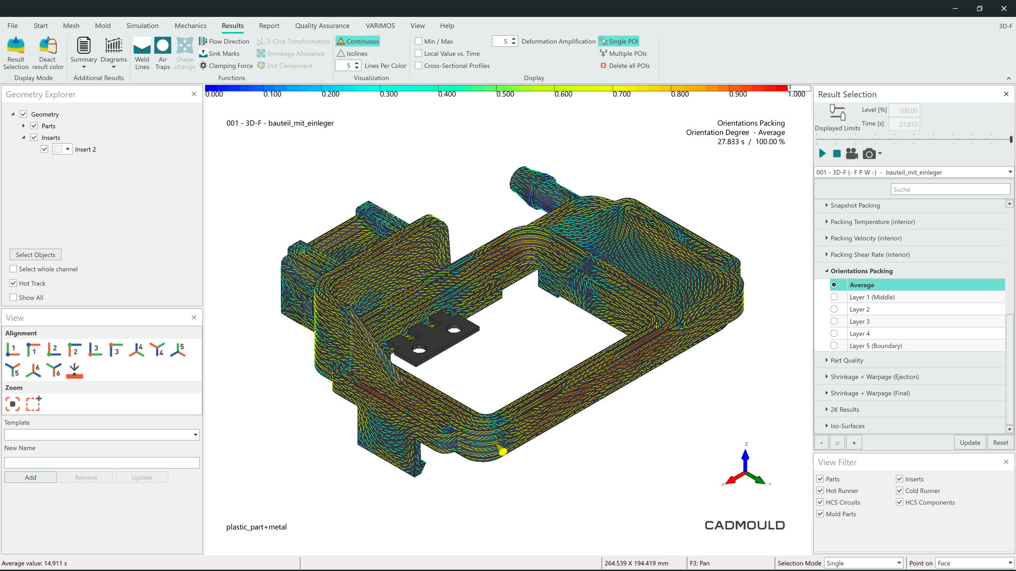 A screenshot from Cadmould Fibre showing the simulation of average local fibre orientation in a fibre-reinforced plastic part with metal insert.