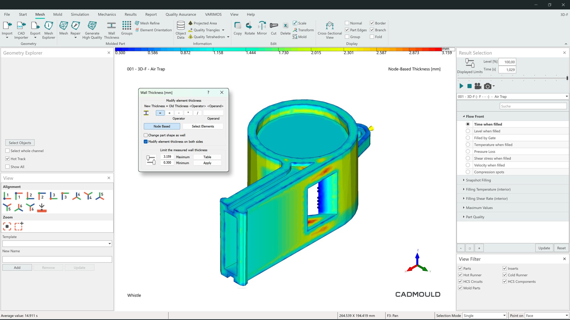 Screenshot from Cadmould Fill showing the parametric analysis of wall thickness across a plastic whistle using the 3D-F mesh.