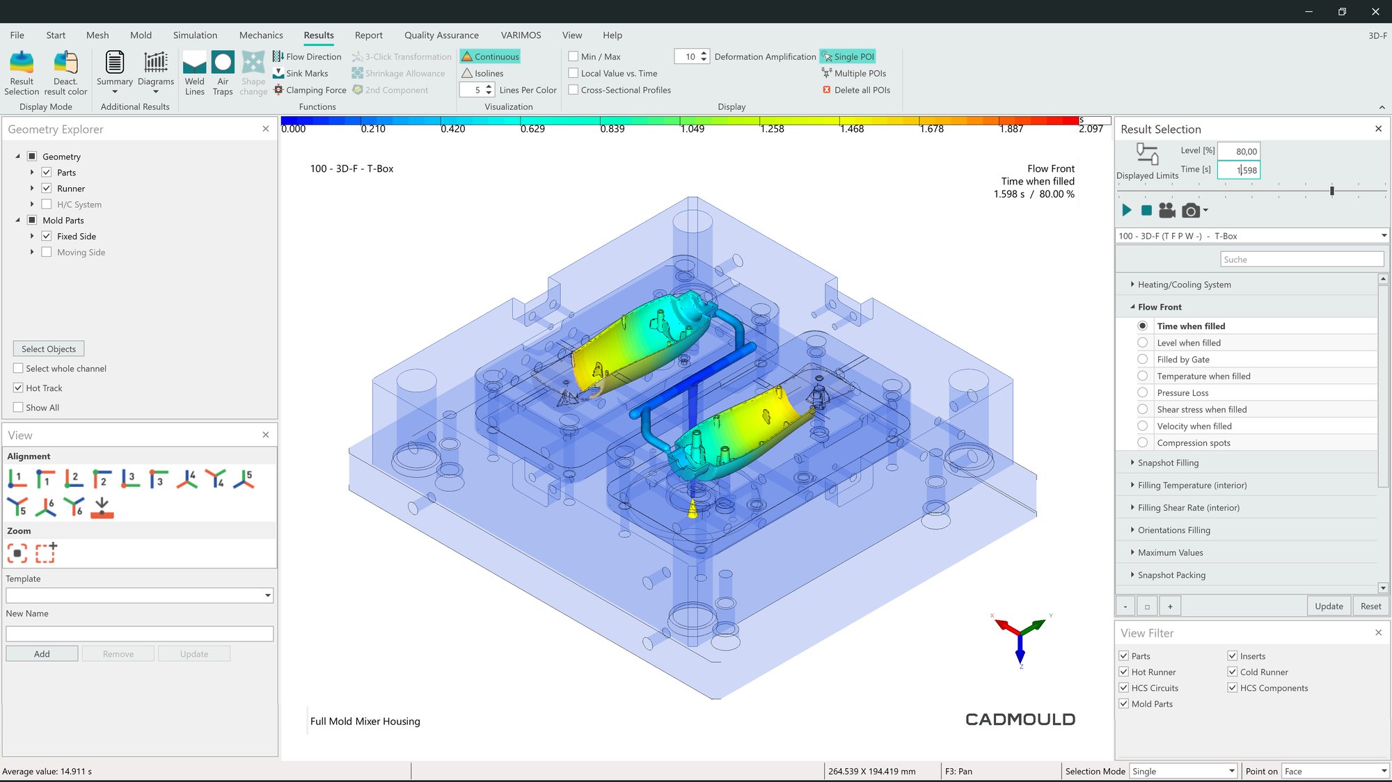 Snapshot from an animated filling simulation in Cadmould Fill, taken from the nozzle side of the tool.