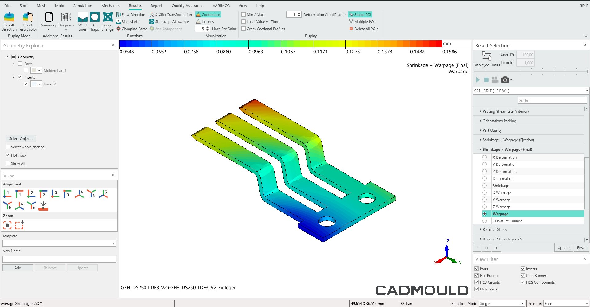 Screenshot from Cadmould 2K & Insert showing the simulation of deformation in a connector insert. 