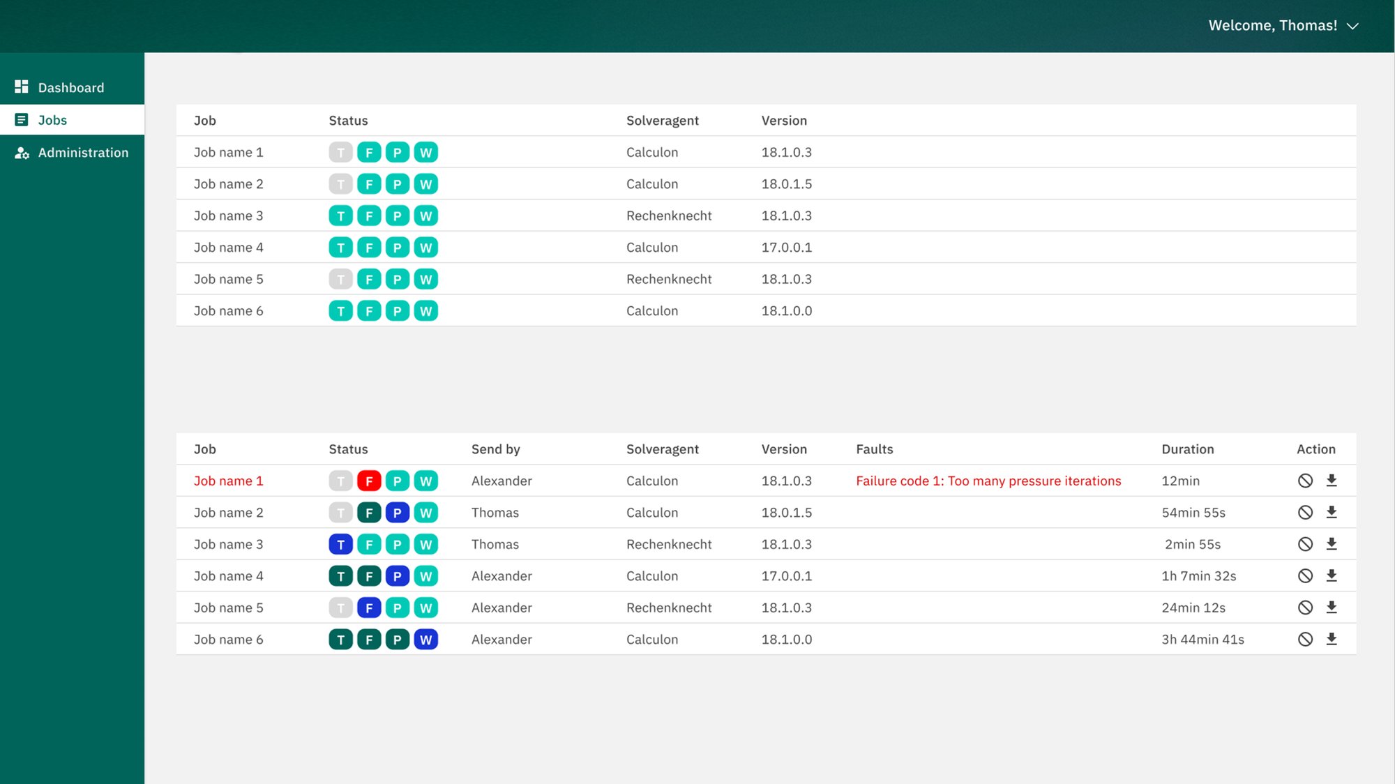 The 'Jobs' overview of SIMCON's On-Prem Server solution, showing the list of simulation jobs to be offloaded to a dedicated, centralized server.