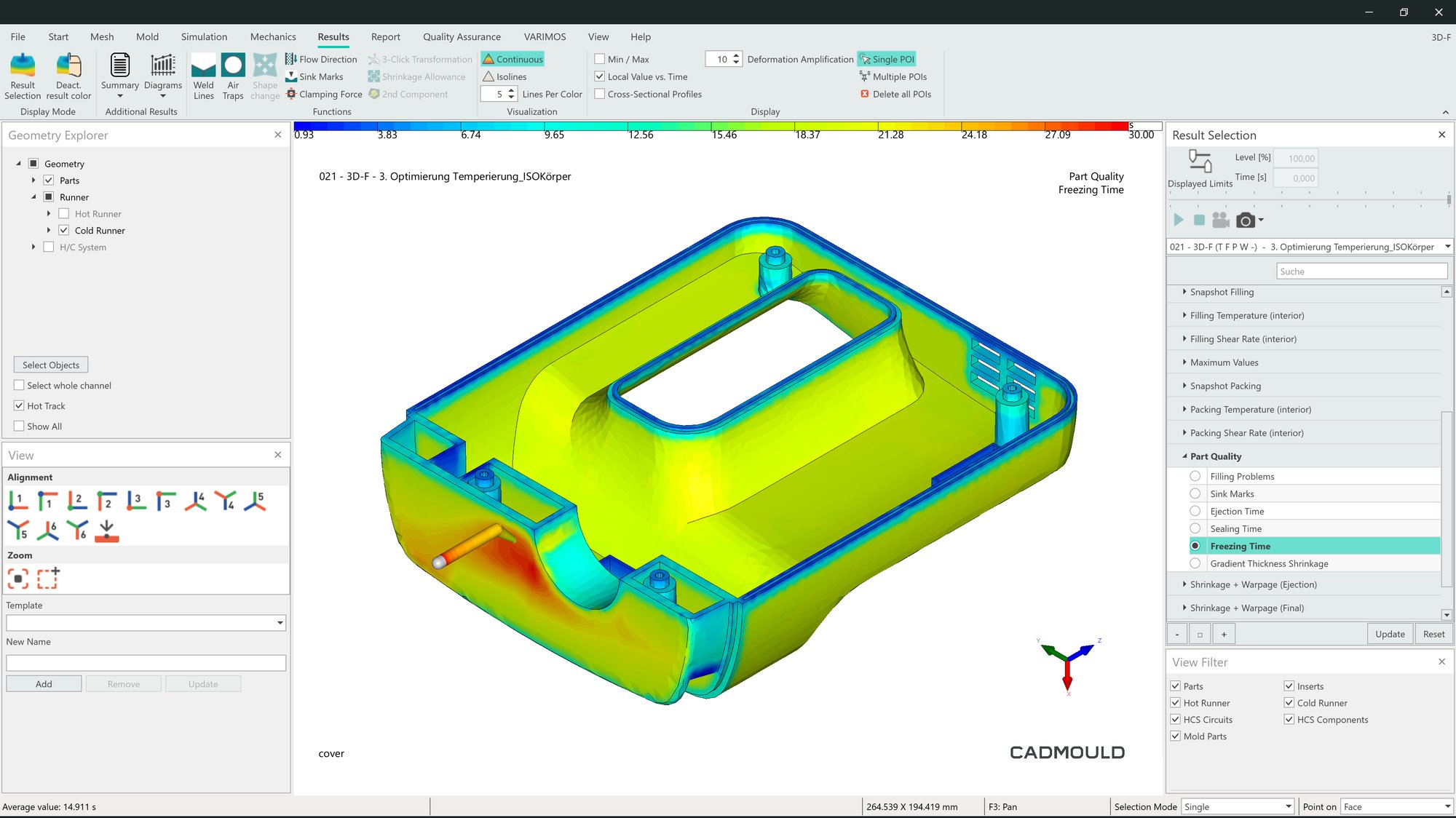 Screenshot from Cadmould Pack showing the colour-coded simulation of freezing times for different regions of a part.