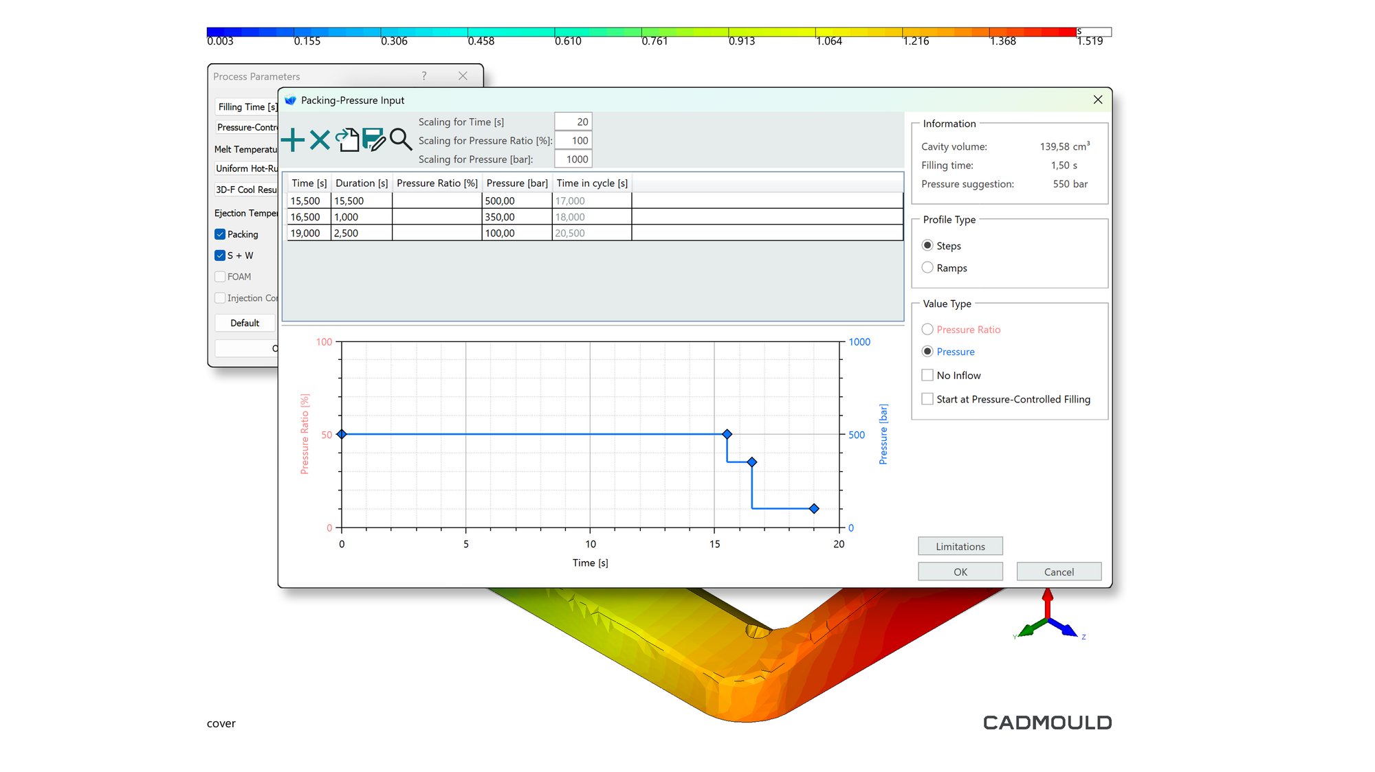 Dialogue window in Cadmould Pack enabling the user to set up the packing pressure profile by defining the time-dependent packing steps.
