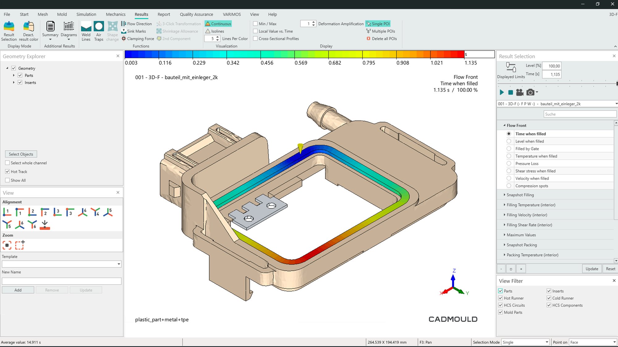 Screenshot from Cadmould 2K & Insert showing the flow behaviour as an overmoulded TPE gasket is filled.