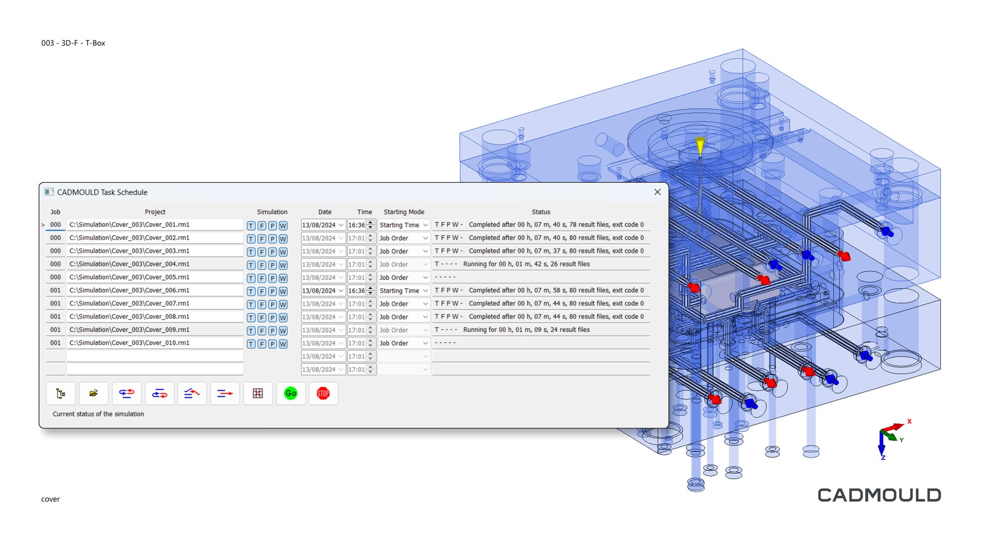 A screenshot from Cadmould Batch showing a queue of simulation jobs.
