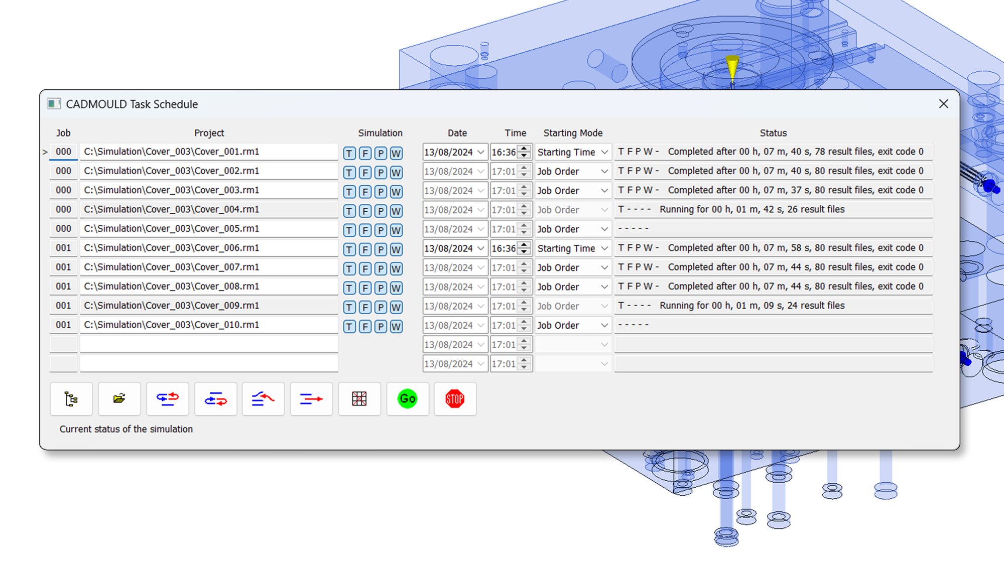 A close-up screenshot from Cadmould Batch showing a queue of simulation jobs, including the % completion status of each job.