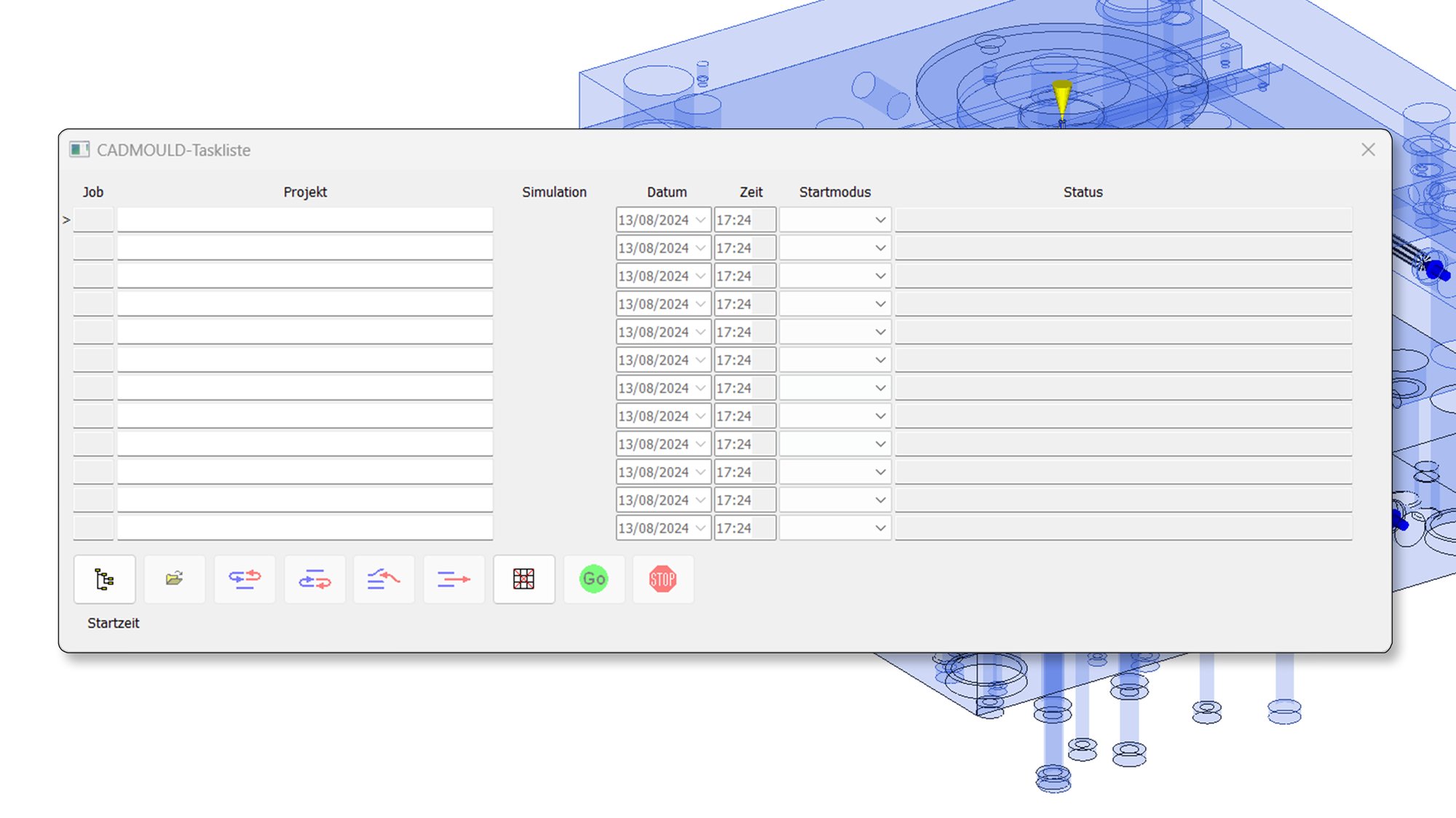 A screenshot from Cadmould Batch showing an empty queue in the Task Schedule window.