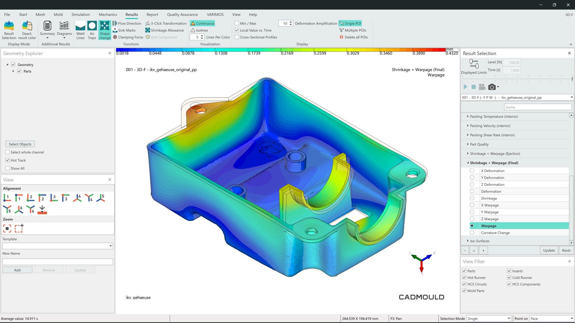 Screenshot from Cadmould Warp showing simulated warpage in a housing component. The surface is shaded from blue to red, indicating areas of minimal to maximum warpage.