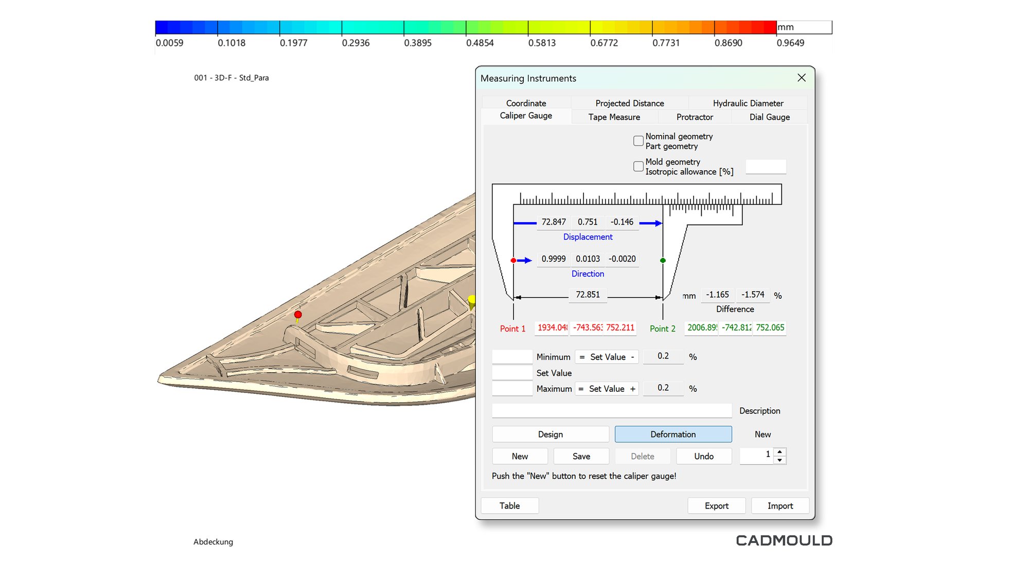A virtual caliper gauge in Cadmould Warp, one of a range of virtual measuring instruments available to users.