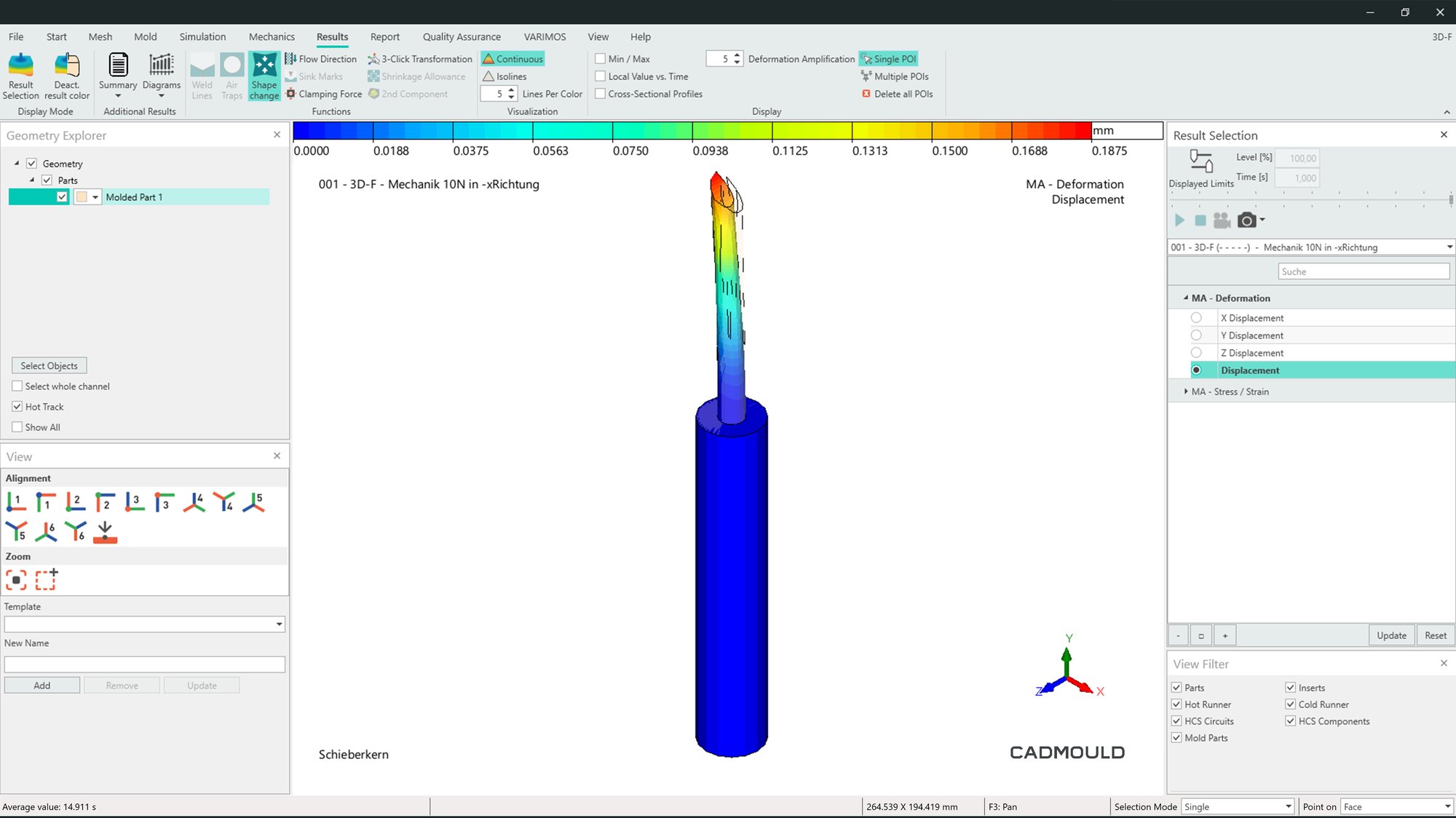 Screenshot from Cadmould Part FEM with a cylindrical core colour-coded to visualize displacement under load.