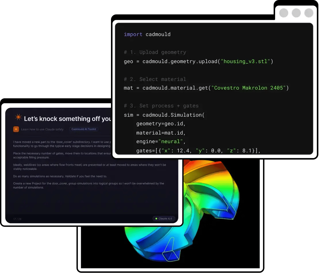 Screenshot of cadmould SDK code and a colorized 3D simulation result