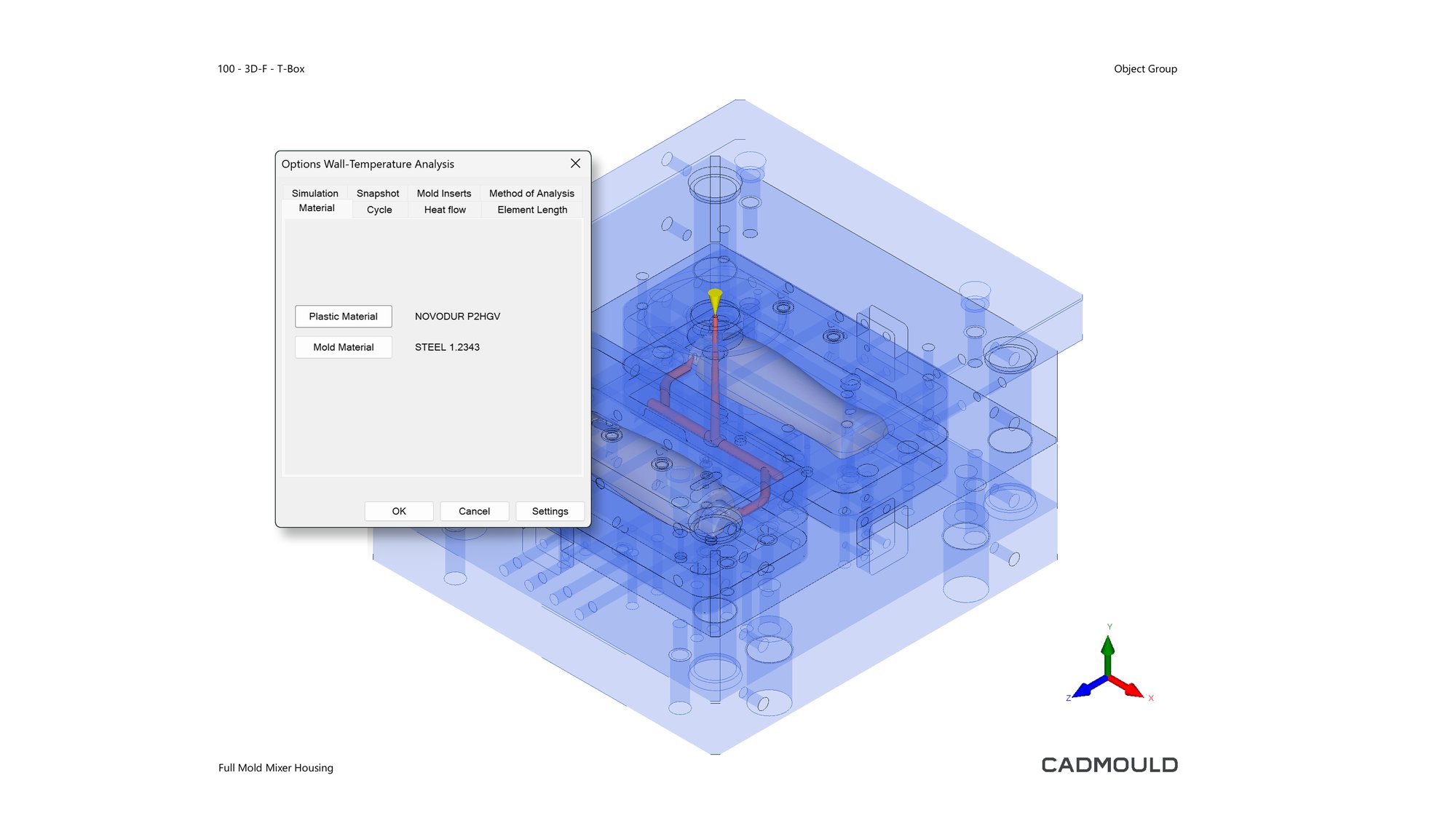 Dialogue window in Cadmould Thermal Mould Advanced enabling the user to define materials and analysis options for mould temperature simulation.
