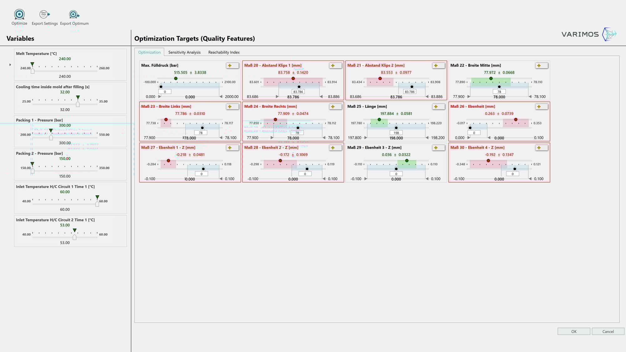 The ‘Optimization’ view in the Varimos AI dashboard, visualizing cause-and-effect relationships. On the left, sliders define process input variables such as melt temperature and cooling time. On the right, the user sees how these variables affect optimization targets.