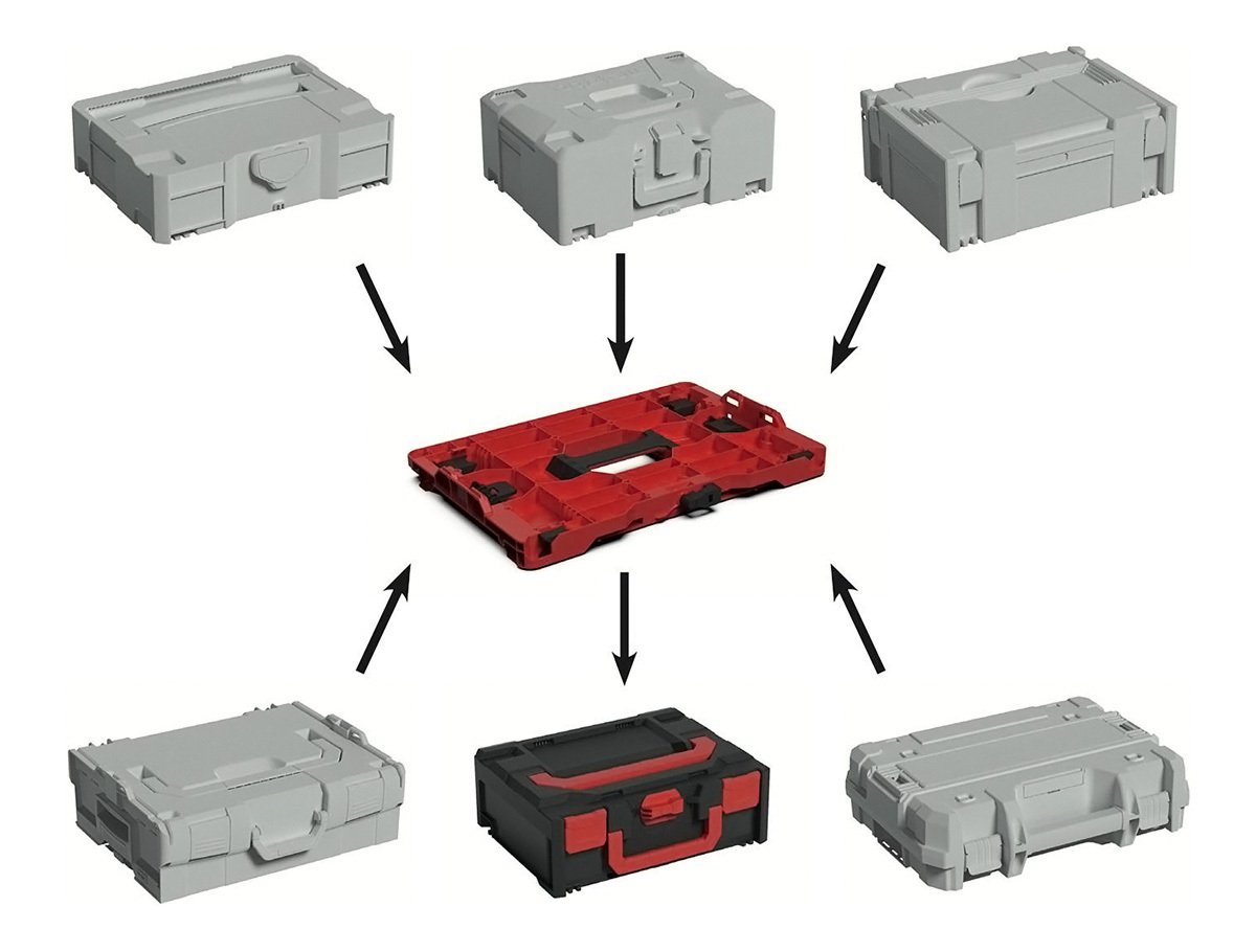 A central red plastic connector piece is shown with arrows pointing to six surrounding gray and black toolboxes, illustrating how different storage cases can be stacked and linked together in a modular system.
