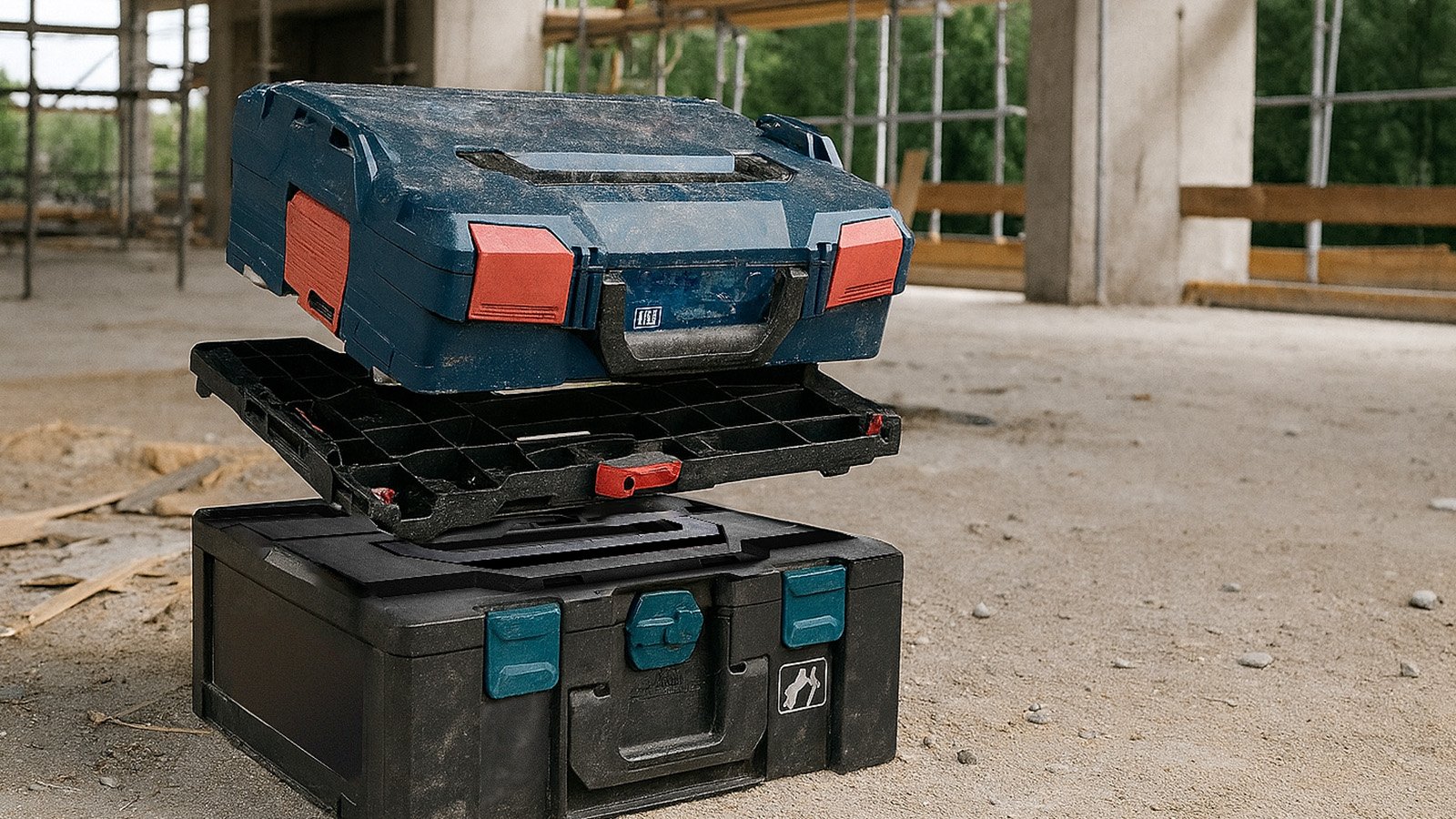 Two rugged plastic toolboxes, stacked with one open, sit on a dusty construction site floor. The cases show signs of use, with red and blue latches, designed for carrying and protecting tools in tough environments.