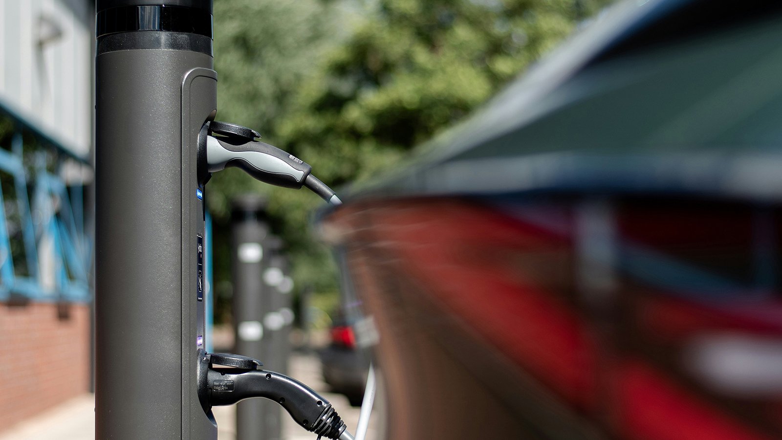 Close-up of an electric car charging station