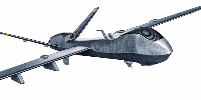 Illustration of a modern unmanned aerial vehicle (UAV) with extended wings and composite structure, representing fibre-reinforced aerospace technology.