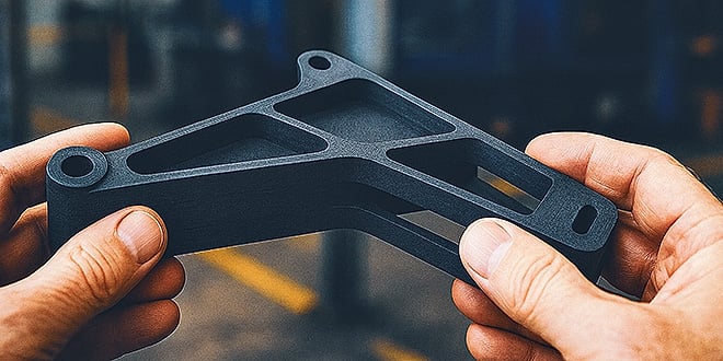 Close-up of hands holding a black high-performance plastic component with lightweight lattice design, illustrating how advanced polymers like PEEK withstand heat and are shaped through precise injection molding simulation.