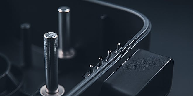 Detailed view of a black plastic automotive component with metal pins and posts, illustrating tight dimensional tolerances and precision moulding.