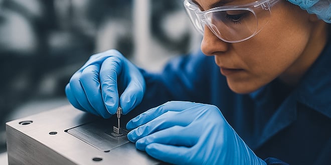 Engineer wearing safety glasses and blue gloves carefully adjusts a micro mould component under laboratory conditions, demonstrating precision and cleanliness in medical micro-moulding processes.