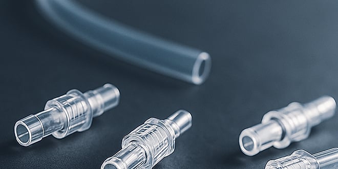 Transparent plastic connectors and tubing parts displayed on a dark surface, highlighting optimised runner design for efficient medical production.
