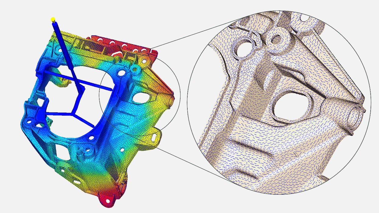 A colorful simulation graphic of a complex plastic component shows flow analysis results, with a magnified detail highlighting vector patterns across the part’s surface.