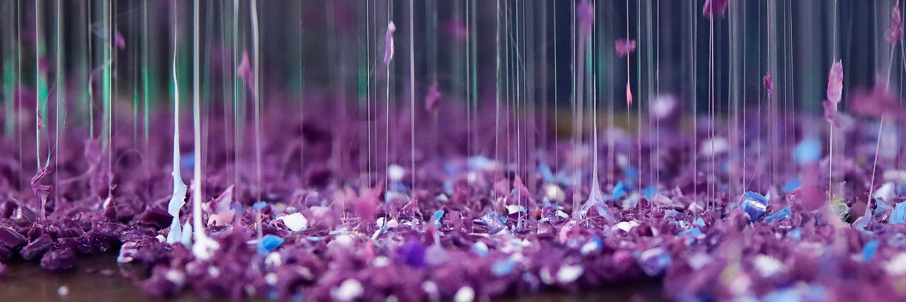 Purple plastic granules melt and transform into fine threads.