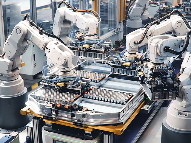 Robotic arms seamlessly transfer battery packs from the assembly line to the final production stage.